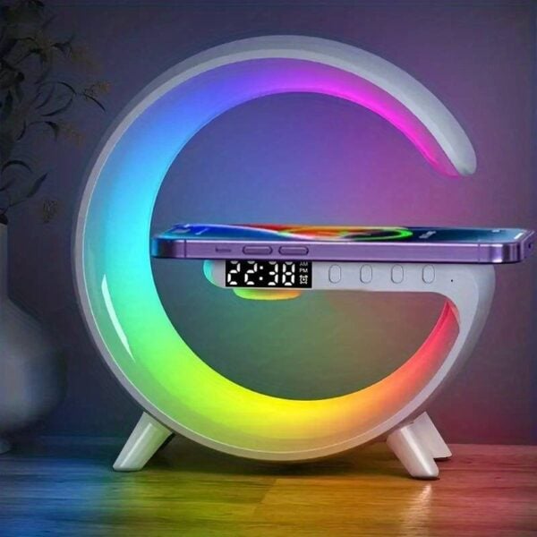 Lampa G RGB cu ceas cu alarma, lumina si sunet, difuzor Bluetooth si incarcator rapid wireless
