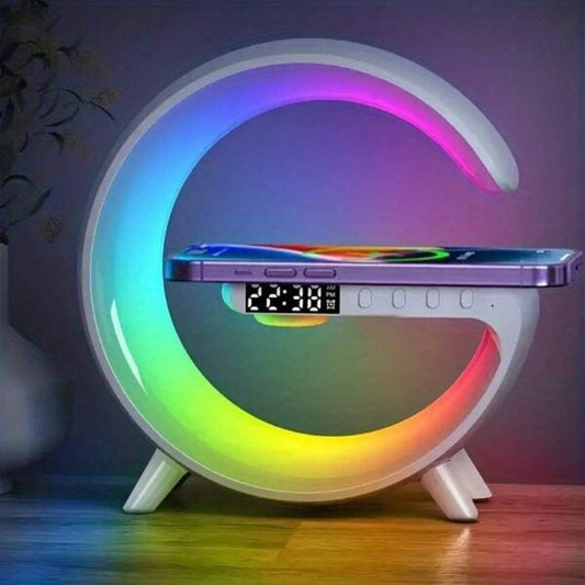 Lampa G RGB cu ceas cu alarma, lumina si sunet, difuzor Bluetooth si incarcator rapid wireless